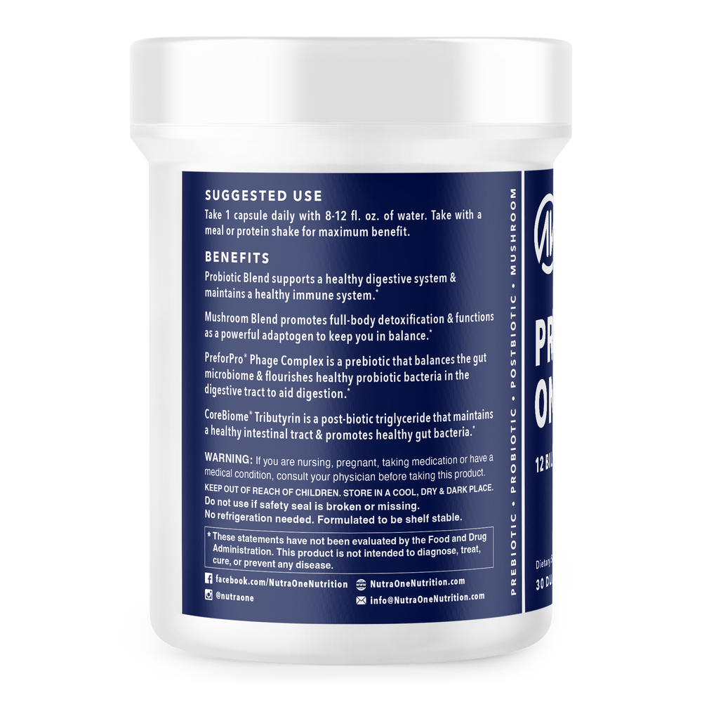 A probiotic supplement in a blue container with a list of benefits and instructions.