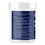 A probiotic supplement in a blue container with a list of benefits and instructions.
