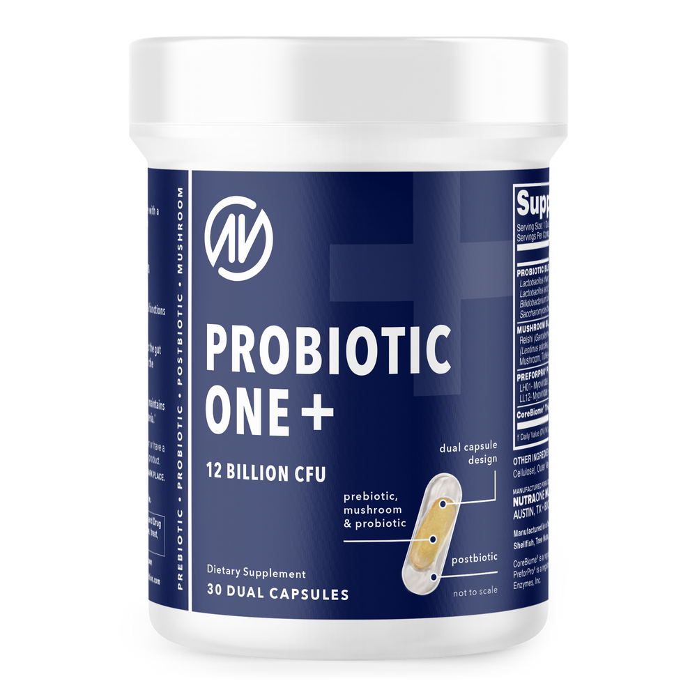 A probiotic supplement in a blue container with 30 dual capsules