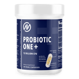 A probiotic supplement in a blue container with 30 dual capsules