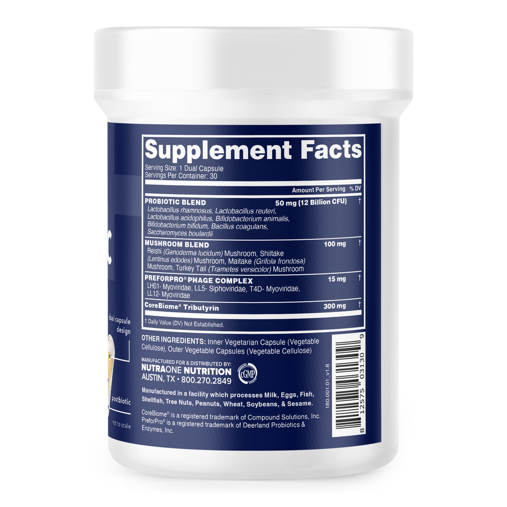 A probiotic supplement in a blue container with an ingredients label.