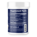 A probiotic supplement in a blue container with an ingredients label.